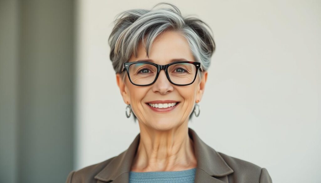 Coupe de cheveux femme 60 ans avec lunettes